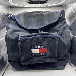 1990s Tommy Hilfiger Plaid Backpack Navy Green Big Flag Logo Spellout Korea VTG‎